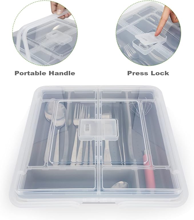 Silverware Organizer with Cover, Portable Cutlery Holder Flatware Tray with Lid Plastic Silverware Storage Box 5 Compartments for Kitchen Drawer (grey)