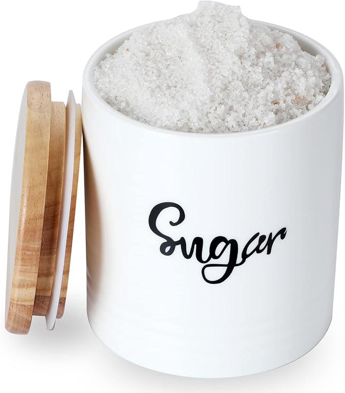 LEETOYI Porcelain Food Storage Containers with Lid, 4.5 Inch 31oz White, Labeled Sugar