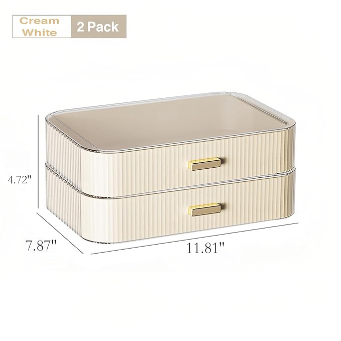2 Pack Stackable Makeup Organizer with Drawers, Bathroom Storage for Eyeshadow Palettes, Cosmetics, and Beauty Supplies. Ideal for Vanity Counter, Cabinet, Entryway Table, Desk