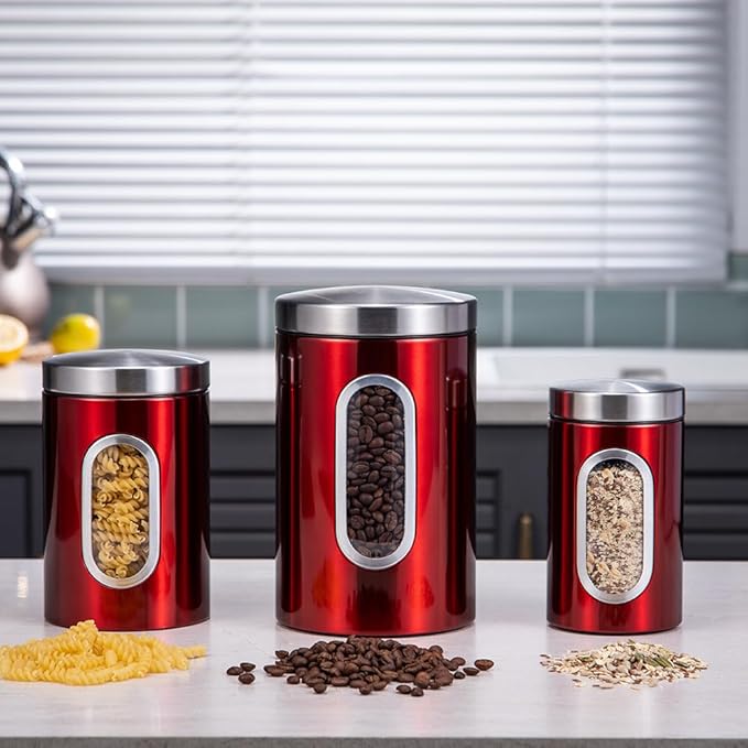Transparent Red Canisters Sets of 3 Pieces For The Kitchen,0.9/1.6/2.9 Quarts Stainless Steel Coffee Sugar Tea Candy Storage Jars with Window for Home Kitchen Decoration and Accessories