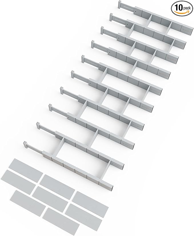 SpaceAid Bamboo Drawer Dividers with Inserts and Labels, Kitchen Adjustable Drawer Organizers, Expandable Organization for Home, Office, Dressers, 10 Dividers with 24 Inserts (17"-22" Gray)