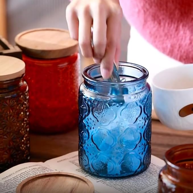 ANSQU 23.7 FL OZ Blue Glass Jars, 2 Pack Vintage Glass Kitchen Storage Counter Jar, Candy Jars with Lids, Mason Jar Hold Coffee Beans, Tea, Cookie, Sugar, Bath Salts & More (Blue, 2 Pack)