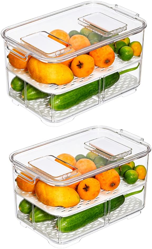 Fridge Produce Saver Containers - Storage Bins for Freezer With Lids and Removable Drain Tray - Fresh Keeper Organizer - 2 Pack
