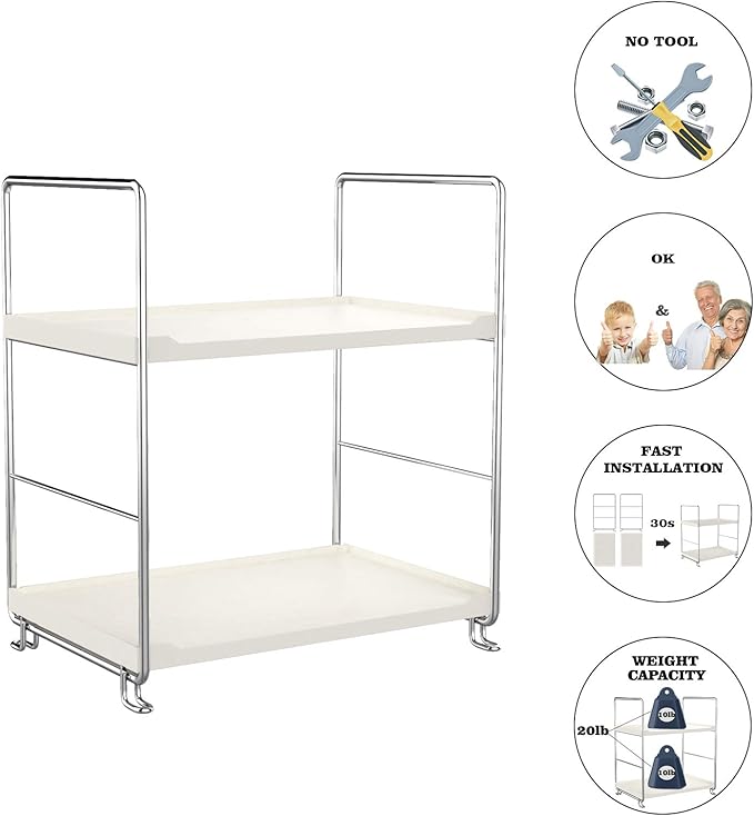 Plastic/Metal Freestanding Stackable Organizer Shelf,Bathroom Countertop Storage Shelf Cosmetic Organizer Holder Kitchen Spice Rack,2-Tier Standing Rack (Silver)