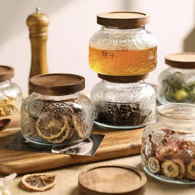 Vintage Glass Jar with Solid Wood Lid, 25.4 FL OZ Glass Food Storage Jar Sugar Container, Candy Coffee Tea Nut Decorated Glass Jar, transparent, SE-semicircle-750