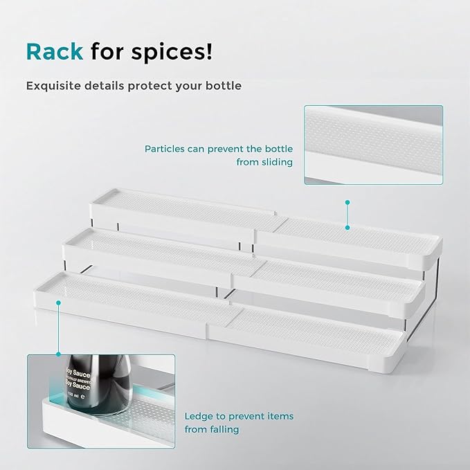 Spice Rack Organizer for Cabinet - 3 Tier Expandable Spice Organizer for Cabinet Easy Visibility - Adjustable Cabinet Spice Organizer for Kitchen Countertop Cupboard Pantry Organization (White)