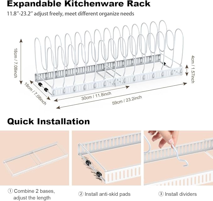 Pot and Pan Organizer Rack for Cabinet, Upgraded Expandable Pot Lid Organizer with 14 Adjustable Dividers, Pan Holder Storage Rack for Kitchen Cabinet, White