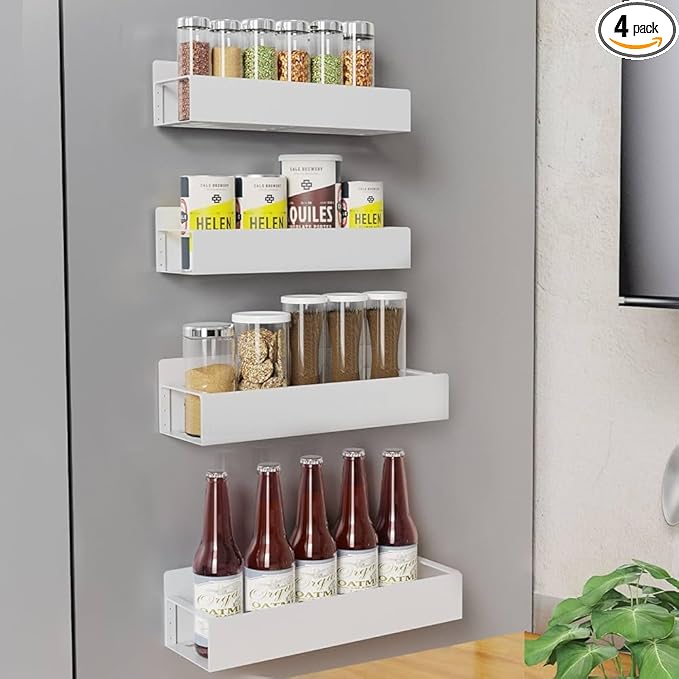 4 Pack Moveable Fridge Magnetic Spice Racks Metal Magnetic shelf for refrigerator Kitchen Spice Hang Storage Shelf (White)