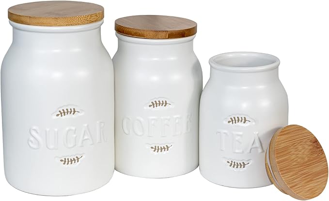 Canister Sets for Kitchen Counter, Ceramic Kitchen Canister with Airtight Bamboo Lids, Modern Farmhouse Coffee Tea Sugar Storage Jar for Countertop Decor, Set of 3, White
