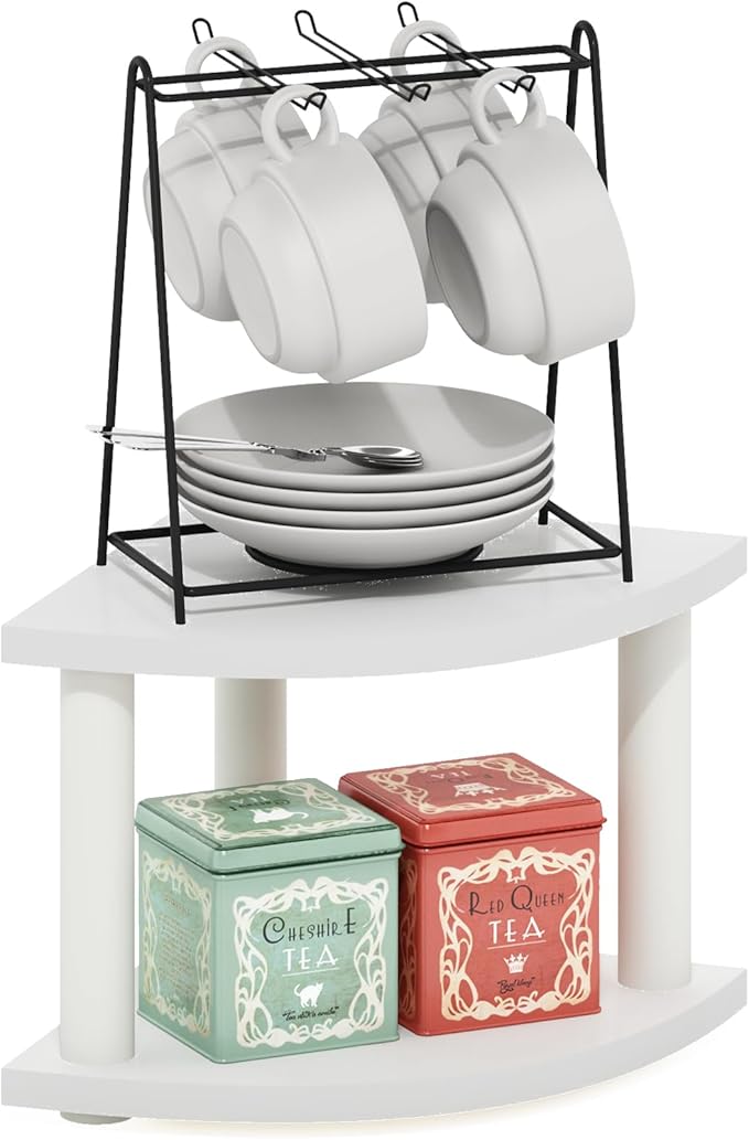 Furinno Turn-N-Tube 2-Tier Corner Countertop Organizer Shelf, White/White
