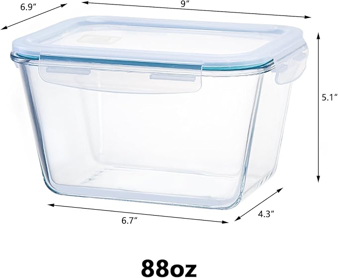 2600 ML /88oz/ 11 Cup LARGE Glass Food Storage Container with Airtight Locking Lid for Storing food, Vegetables, Fruits Roasting Turkey Freezer Microwave & Oven Safe Leak Proof Stackable