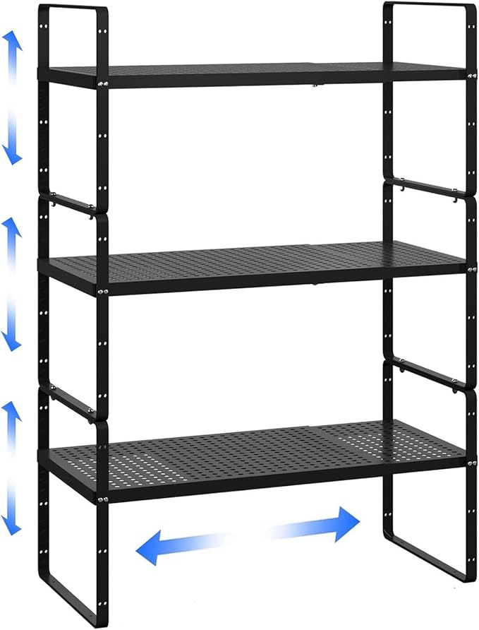 Expandable Kitchen Cabinet Shelf Organizer Rack Heavy Duty Metal Spice Rack Stackable Kitchen Counter Storage Shelf for Kitchen Cabinet Pantry Bathroom (Black - 16.5"-27" L x 10.2" W x 9.6" H - 3Pack)