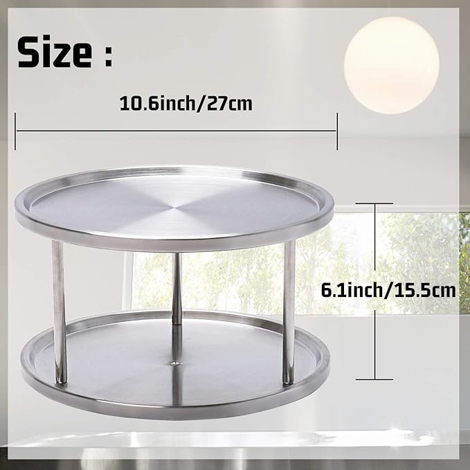 2 Tier Lazy Susan Turntable Organizer,Stainless Steel 360 Degree Turntable Pantry Cabinet Turning Table Spice Rack Organizer Tray for Kitchen Bathroom Bedroom Parlor