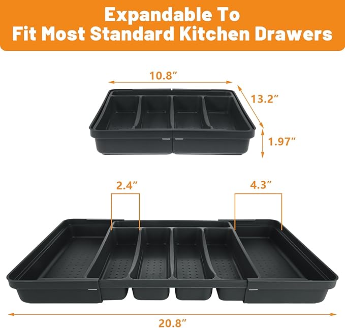 Expandable Silverware Drawer Organizer, Adjustable Kitchen Utensil Tray, Cutlery Flatware Organizer for Forks, Spoons, Knives (Large, Grey)