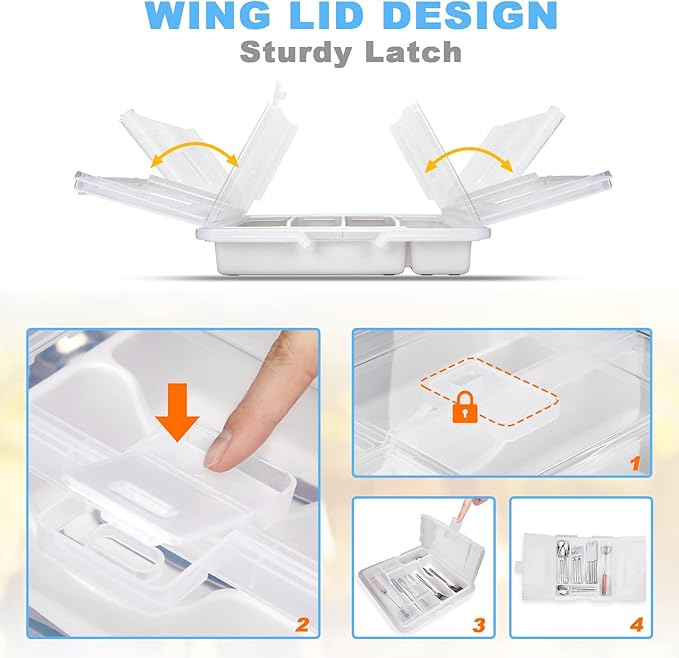 Portable Utensil Holder for Countertop with Lid & Handle, Plastic Silverware Tray for Drawer Flatware Organizer, White