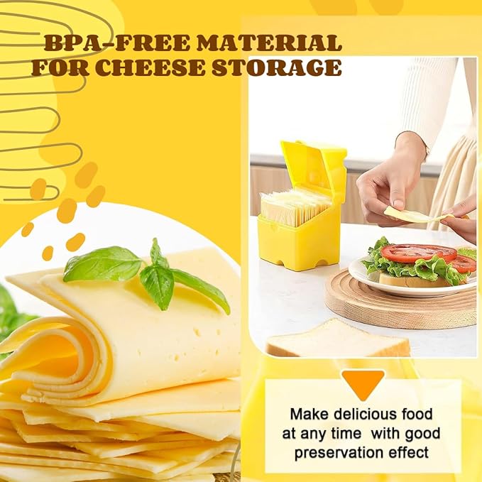 Cheese Container for Refrigerator, Sliced Cheese Container - BPA Free Plastic, Yellow, 3.7x3.7x3.7 inches, Holds 20-26 Slices, Playful Cow Design