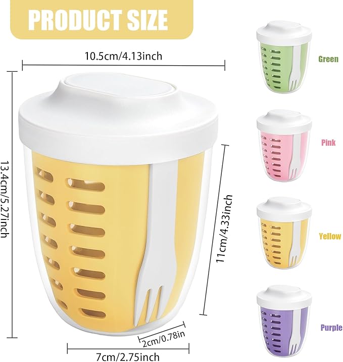 20oz Fruit Salad Storage Cup with Lids and Fork, Reusable Plastic Fruit Storage Containers for fridge with Drain Baskets, BPA-Free & Leak-Proof, Keep Fruits, Vegetables Fresh Longer (Yellow)