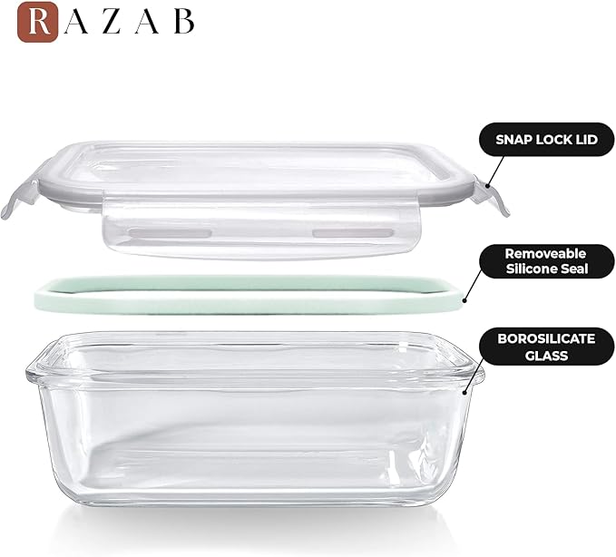 Razab 10 Pcs Glass Food Storage Containers with Lids โ 74, 40, 27 & 18 Oz | Glass Meal Prep Containers Reusable | Lunch Containers with Lids, BPA-free freezer storage