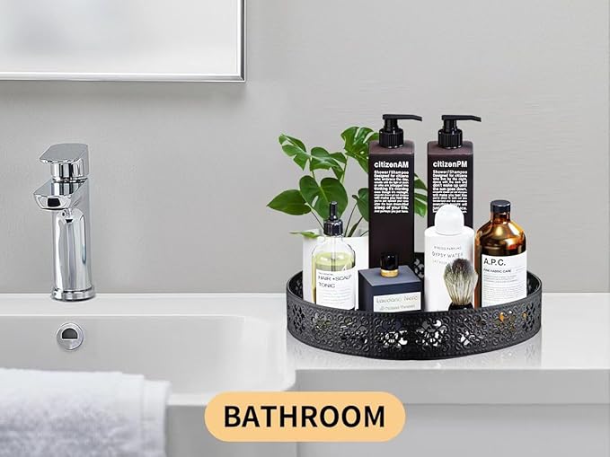 LEMIKKLE Rotating Turntable Vanity Tray 11 Inch for Perfume Candle, Bamboo Kitchen Sink Countertop Organizer for Keep Glass, Sponge and Soap Bathroom Organizer Coffee Table Decorative Tray Black