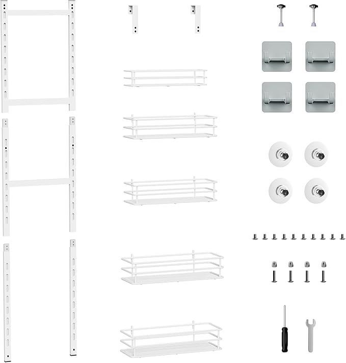 Thideewiz 12 Inches Wide Pantry Door Organizer, 5 Tier Adjustable Hanging Over the Door Spice Rack, Spice Organizer for Pantry Door, Spice Shelf for Kitchen Organizers and Storage (White)