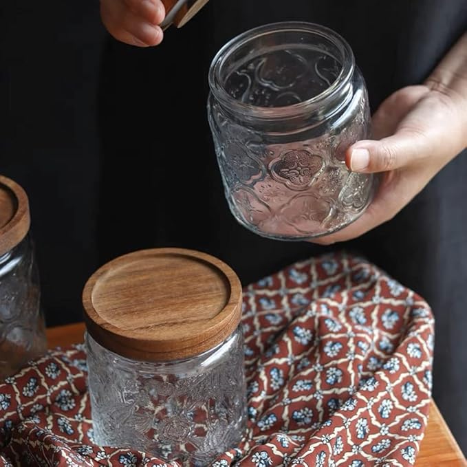 ANSQU Set of 4 Vintage Glass Airtight Storage Jars, 17 FL OZ Glass Storage Containers with Bamboo Lids, Canning Jar for Kitchen Counter, Pantry, Cookie, Coffee, Tea, Sugar, Cute Jars