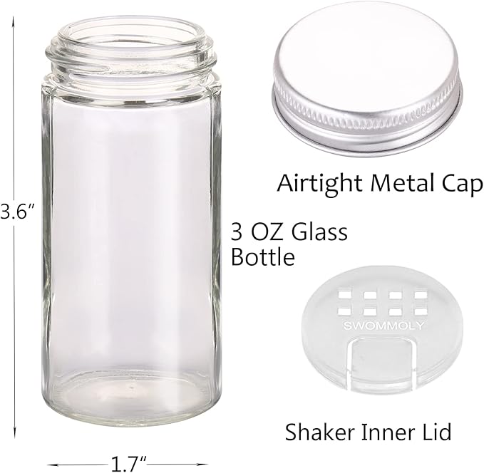 SWOMMOLY Spice Rack Organizer with 24 Empty Round Spice Jars, 396 Spice Labels with Chalk Marker and Funnel Complete Set, Spice Rack for Cabinet, Countertop or Wall Mount, Silver