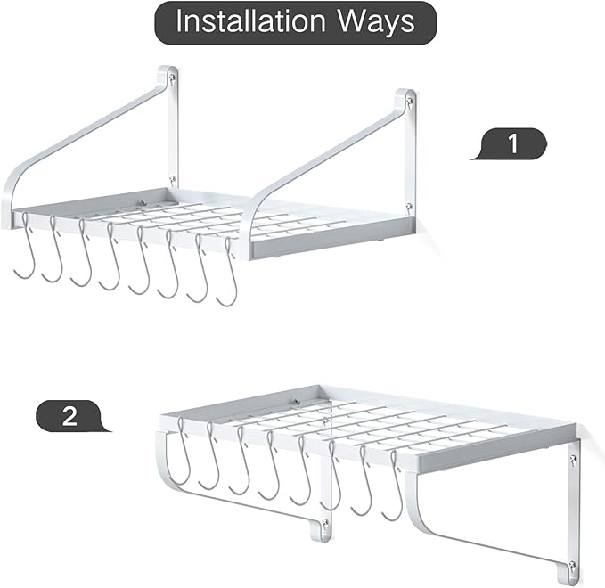 Love-KANKEI Pot Rack Wall Mounted Set of 2 Pan Pot Organizer Wall Shelves with 16 Hooks for Kitchen Cookware Utensils Organization White