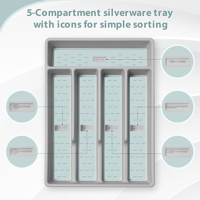 Silverware Organizer with Cutlery Icons,Silverware Tray for Kitchen Drawer,Flatware Tableware Cultery Drawer Organizer Utensil Organizer with Non-slip TPR Linings,Kitchen Organization Essentials