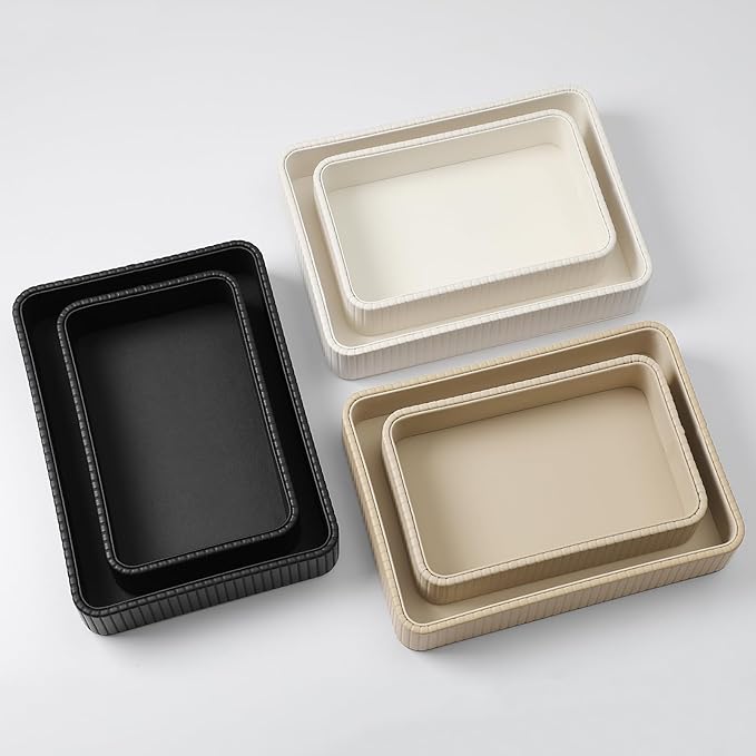 2 Pack Nightstand Organizer Tray, Decorative Perfume Valet Tray Trinket Dish Catch All Purse Key Bowl, PU Leather Coffee Table Trays for Vanity Dresser Bedside Bathroom Countertop (Beige)