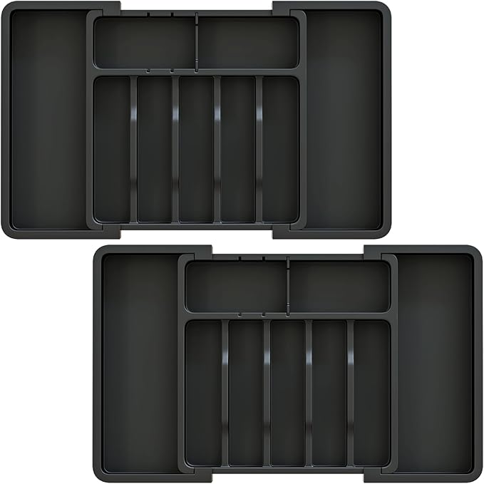 2 Pack Silverware Organizer, Expandable and Adjustable Kitchen Utensil Drawer Organizer, Plastic Cutlery Holder with Multiple Compartments,Cutlery Holder,for Spoons Forks Knives,Black,UAFD012B
