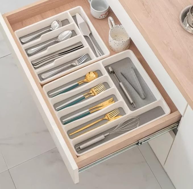 Large Silverware Tray - White, Kitchen Cutlery Tray Drawer Organizers 6-Compartments| Kitchen Drawer Organizer | Soft-Grip Lining and Non-Slip Rubber Feet | BPA-Free