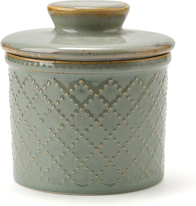 XELA - Ceramic Butter Crock - Butter Dish with Lid for Countertop - Keep Your Butter Perfectly Spreadable 24/7 - Embossed - Vintage Turquoise