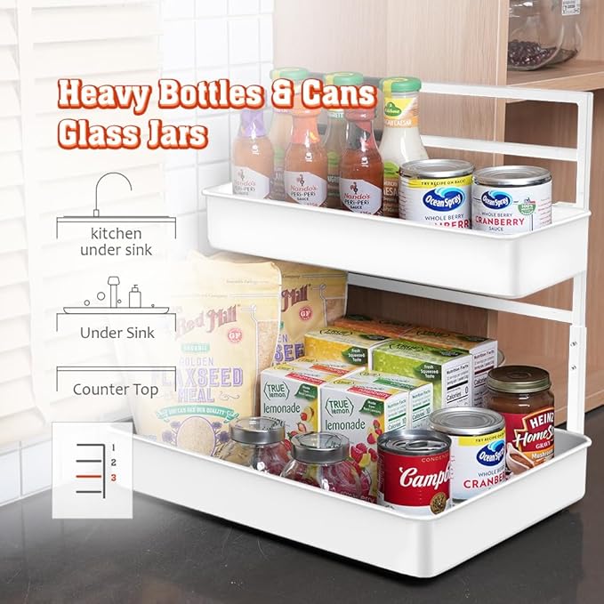 EVERIE Height Adjustable 2 Tier Metal Pull Out Slide Shelf Organizer for Under Sink Cabinets in Kitchen, Bathroom, with Snap-on Top Tray, 16" Deep (White, 2 Sets)