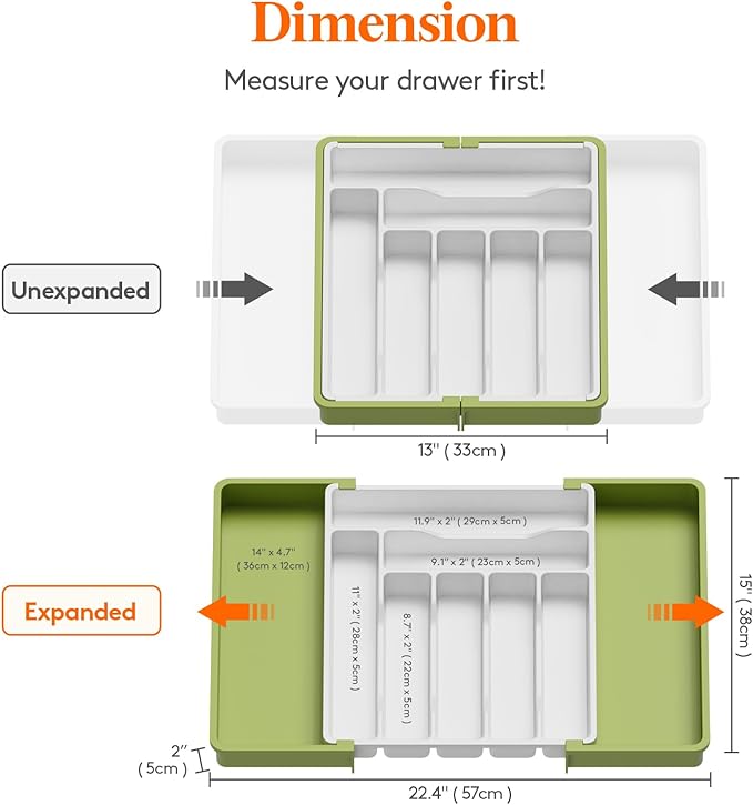 Lifewit Silverware Drawer Organizer, Expandable Utensil Organizer for Kitchen Drawers, Adjustable Cutlery and Flatware Tray, Plastic Spoons Forks Knives Holder Storage Dividers, Large, Green&White