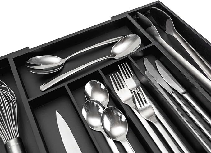 budu Silverware Drawer Organizer #15.0" Depth – Black - Utensil Holder, Kitchen Drawer Organizers for Flatware, Cutlery – Perfect Utensil Organizer for Silverware & Other Kitchen Organization Tools