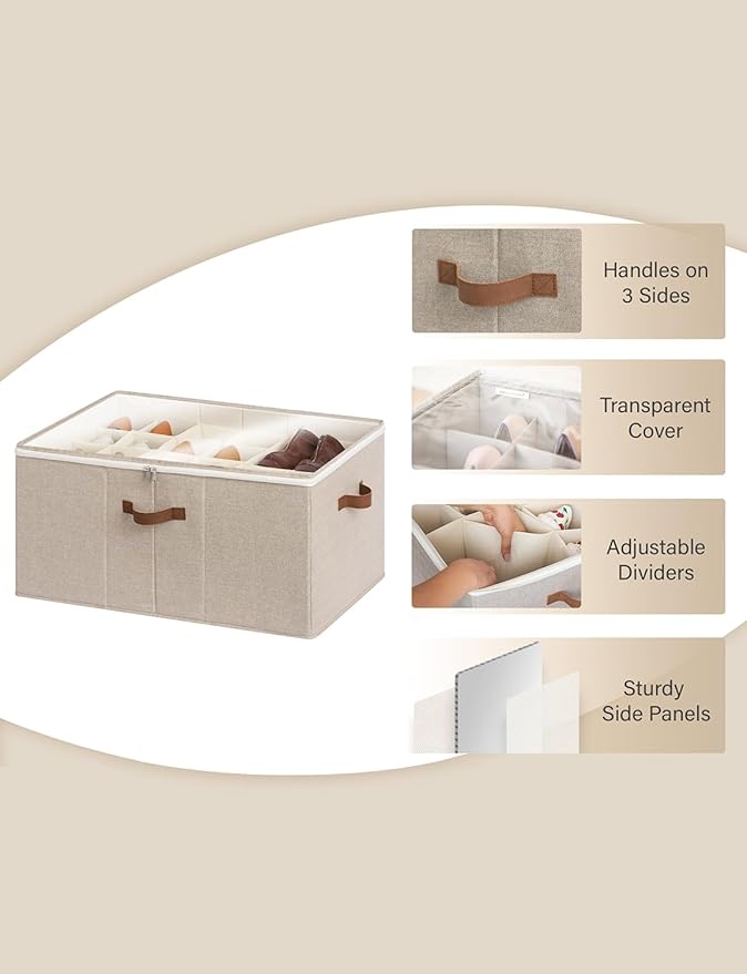 StorageWorks Shoe Organizer for Closet, Fits up to 24 Pairs, Shoe Cubby Storage Containers with Adjustable Dividers and Clear Cover, Mixing of Brown & Beige