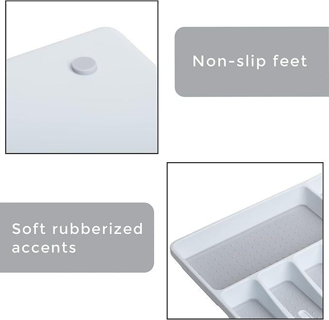 Smart Design 6 Compartment Plastic Drawer Organizer - Non-Slip Lining and Feet - BPA Free - Utensils, Flatware, Office, Personal Care, or Makeup Storage - Kitchen - White with Gray
