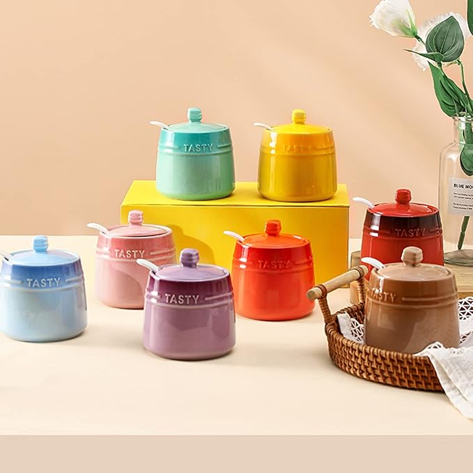 2pcs Salt Cellar Set, Ceramic Salt Cellar With Lid & Spoon,Sugar Bowl,Salt and Pepper Shaker Set Spice Jars for Kitchen Storage(Orange Yellow)