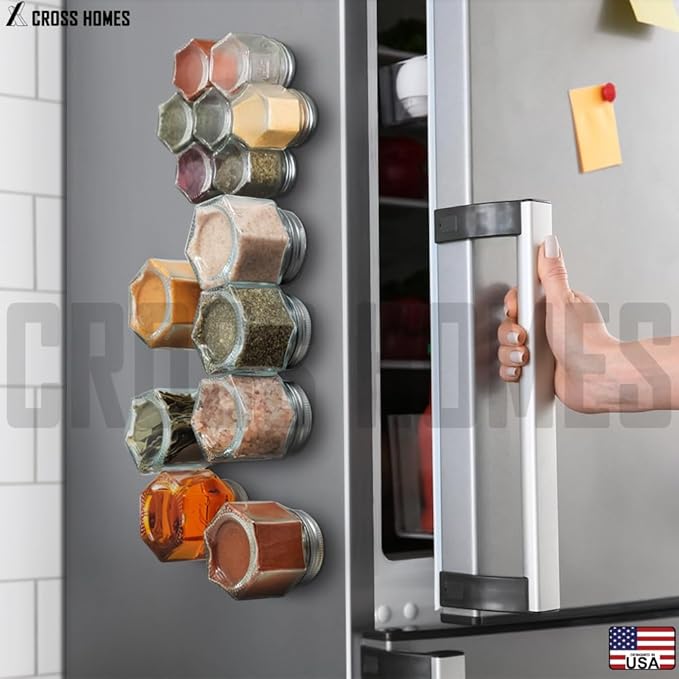 15 Set Magnetic Spice Jars - Large 4 oz Refrigerator Hexagon Glass Spice Containers with Magnetic Lids and Shaker Spice Labels for RV Travel Trailer Kitchen Fridge Cabinet Wall Mount