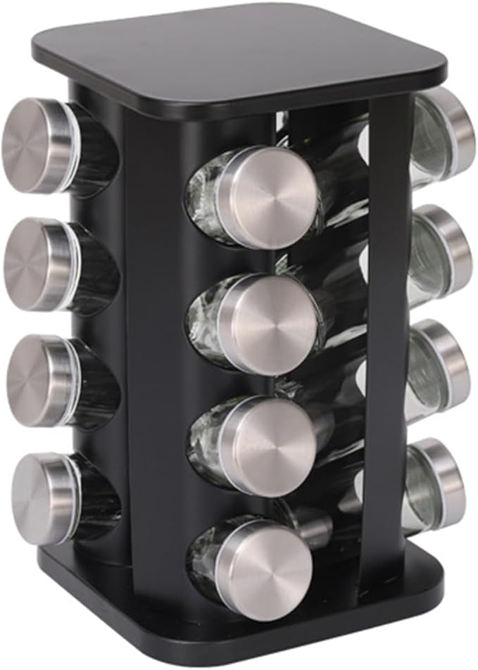 Spice Rack, Spice Rack Organizers for Countertop, Rotating Countertop Spice Rack, Revolving Spice Rack for Kitchen, Kitchen Gadgets, Organizer Rack with Spice Jars (Black, SquareHead_16Jars)
