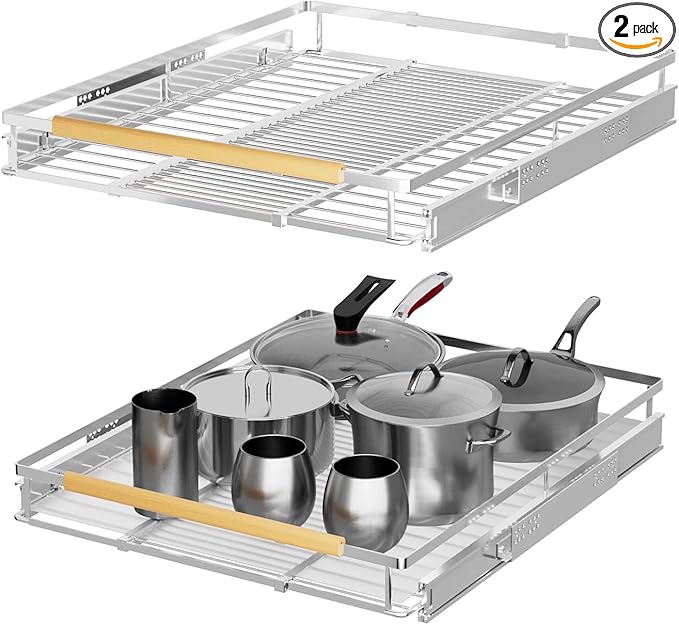 Pull Out Cabinet Organizer,2 Packs of Expandable Slide Out Cabinet Drawer D:22.2” x W:16.9”-28”,Heavy Duty Stainless Steel Gliding Cupboard Shelf for Kitchen Cabinet Pantry Under Sink or Closet