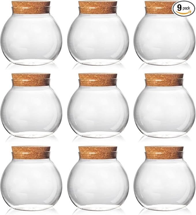Set of 9 round glass jars with cork lid – 17oz wedding candy jar kitchen jar, perfect for tea, biscuits, cereals, flour, beans, spices, coffee beans etc (9PCS)