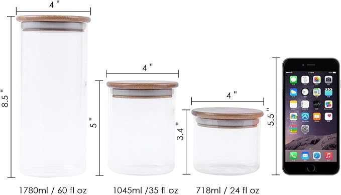 XUXIN Glass Food Storage Jars,Modern Design Clear Glass Bulk Food Storage with Airtight Bamboo Lid, Sealed Food Storage Canisters for Tea, Coffee, Spices, Cookies, Sugar. 24/35/60 oz, Set of