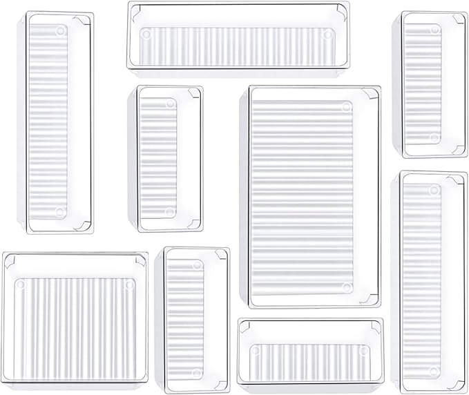 Kootek 9 Pcs Drawer Organizer Set, 4-Size Bathroom Vanity Trays Makeup Desk Dividers Versatile Storage Bins Clear Plastic Container for Dresser, Bedroom, Kitchen, Office