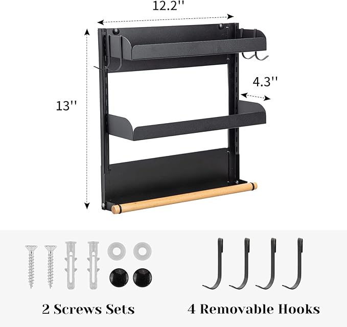 Magnetic Spice Rack, 2 Tier Magnetic Spice Organizer for Refrigerator, Magnetic Shelf with Paper Towel Holder for Kitchen Storage