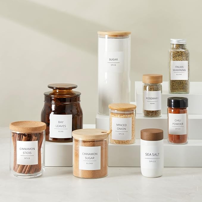 Talented Kitchen 184 Spice Labels & Stickers for Herbs - Water-Resistant Preprinted White Jar Labels for Pantry Organization, Minimalist Black Text, Numbers & Dates