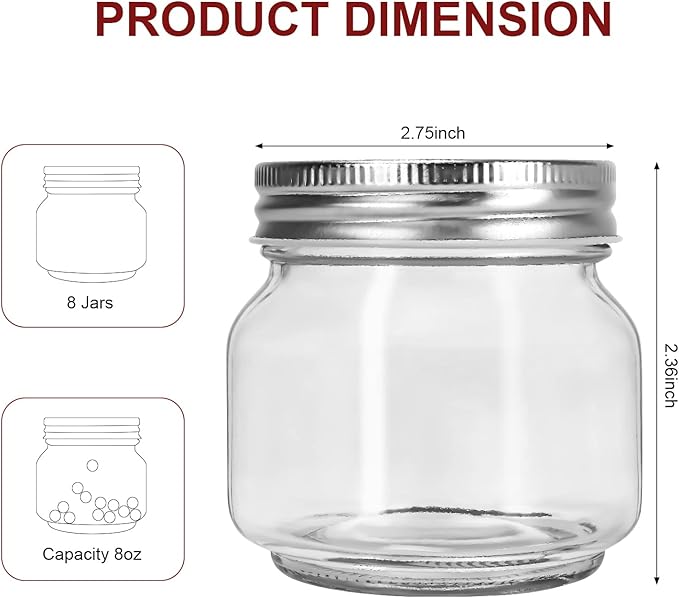 BEWAVE Glass Mason Jars, 8 oz Clear Glass Jars with Lids for Sealing, Regular Mouth Canning Jars for Food Storage, Snacks, Candies, DIY Projects, 8 Pack