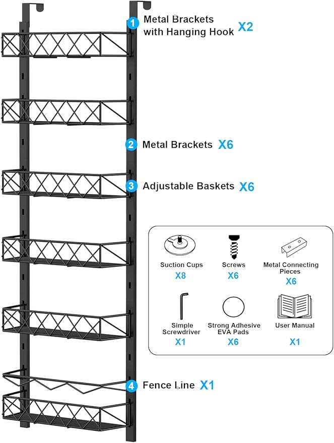 6-Tier Over the Door Pantry Organizer, Pantry Organizers and Storage, 6+1 Metal Hanging Wall Mount Spice Rack for Kitchen Behind the Door Storage Organizer with Adjustable Basket