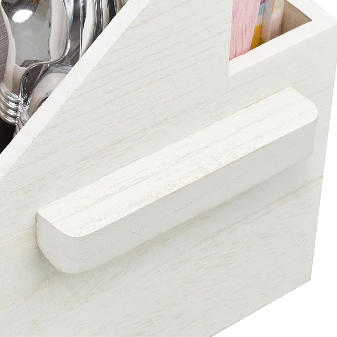 Ikee Design 2 Pcs Set Wooden Utensil Caddy with Handles, Silverware Caddy , Silverware Holder for Countertop ,Party ,Camping and Kitchen, Silverware Organizer, White Color