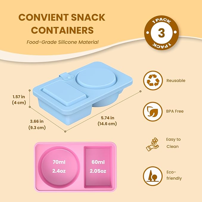 Silicone Reusable Snack Containers with Lids, 3 Pack Double/2 Compartment Snackle Box Container for Salad Sauce, Condiment Containers with Lids for Portion Control, Travel, Picnic